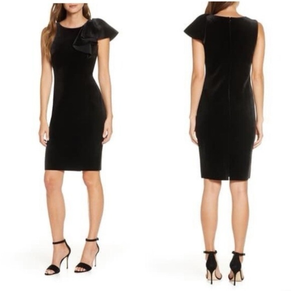 Eliza J Black Velvet Cocktail Dress with One-Shoulder Dramatic Bow, Size 2